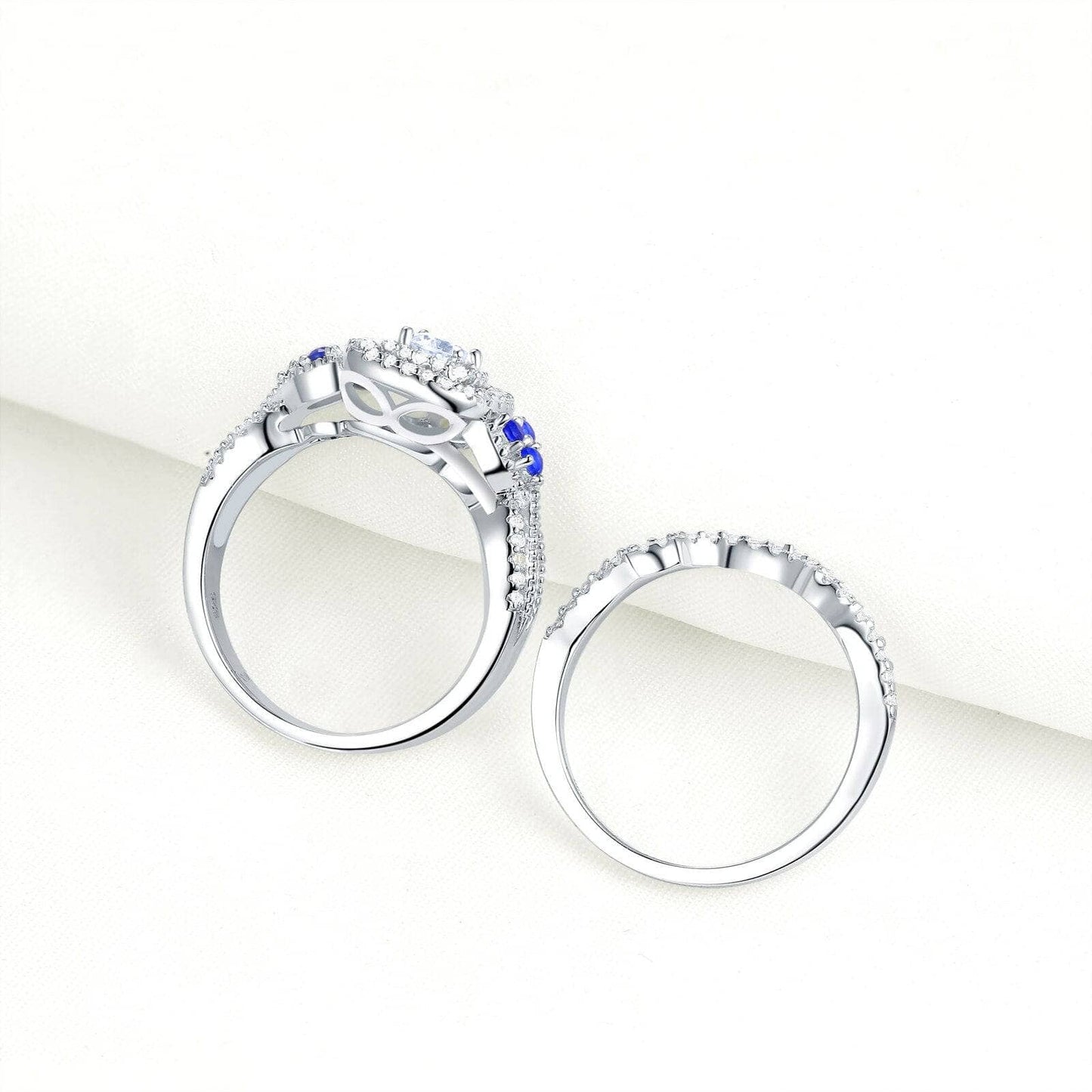2Pcs 925 Sterling Silver 1.5 Ct White Blue Cubic Zircon Ring