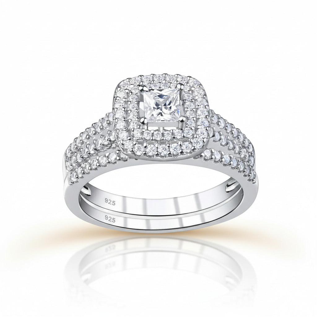 2Pcs 1.5Ct Princess Cut Diamond Option Double Halo Engagement Ring Set-Black Diamonds New York