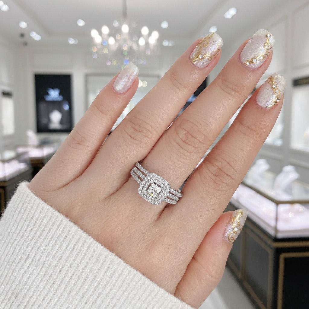 2Pcs 1.5Ct Princess Cut Diamond Option Double Halo Engagement Ring Set-Black Diamonds New York