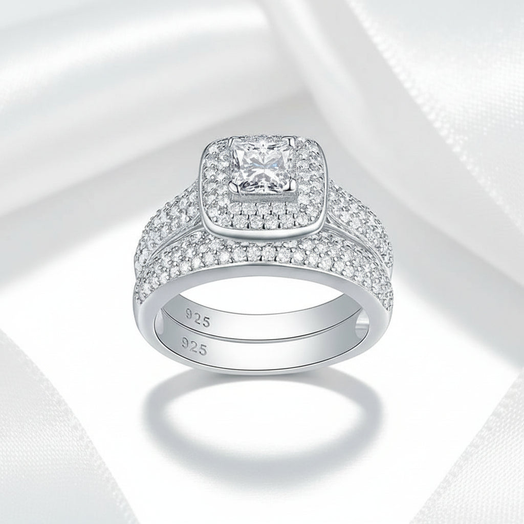 2Pcs 2.26 Ct Princess Cut Diamond Option Double Halo Ring Set-Black Diamonds New York