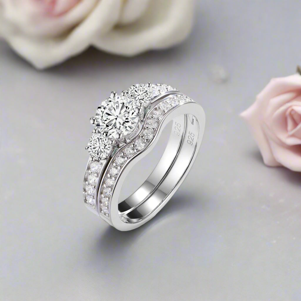 2pcs 3 Stone Round Cut Diamond Wedding Ring Set-Black Diamonds New York