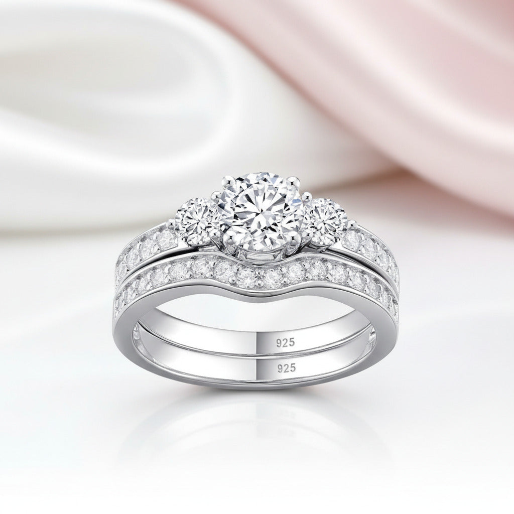 2pcs 3 Stone Round Cut Diamond Option Wedding Ring Set-Black Diamonds New York