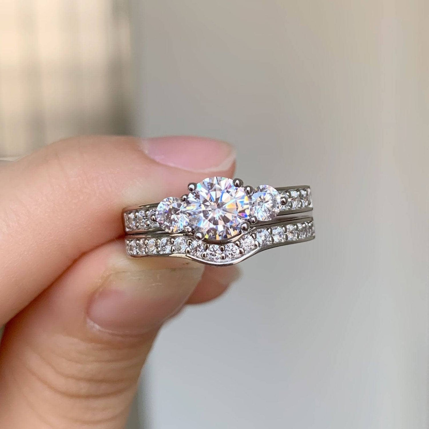2pcs 3 Stone Round Cut EVN™ Diamond Wedding Ring Set-Black Diamonds New York