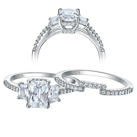 2Pcs 3 Stones EVN Stone Engagement Ring Set-Black Diamonds New York