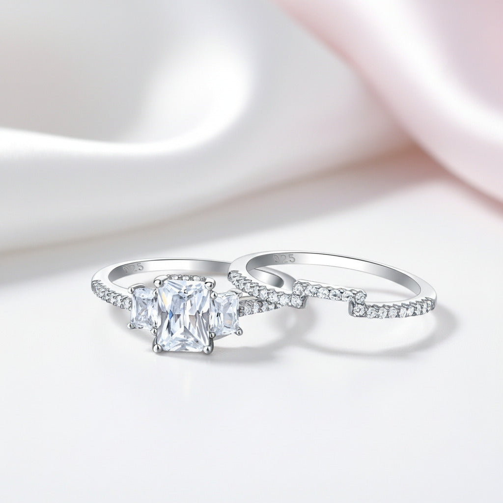 Half-Eternity 2Pcs Three Diamond Option Engagement Ring Set-Black Diamonds New York