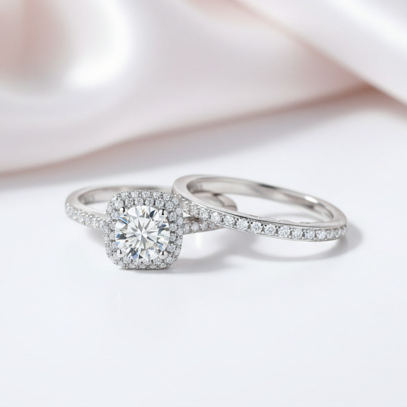 2Pcs Halo 1.6 Ct Round Diamond Option Engagement Ring Set-Black Diamonds New York