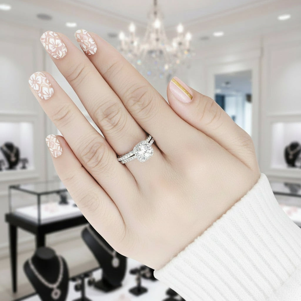 2Pcs Halo 1.6ct Round Diamond Ring Set-Black Diamonds New York