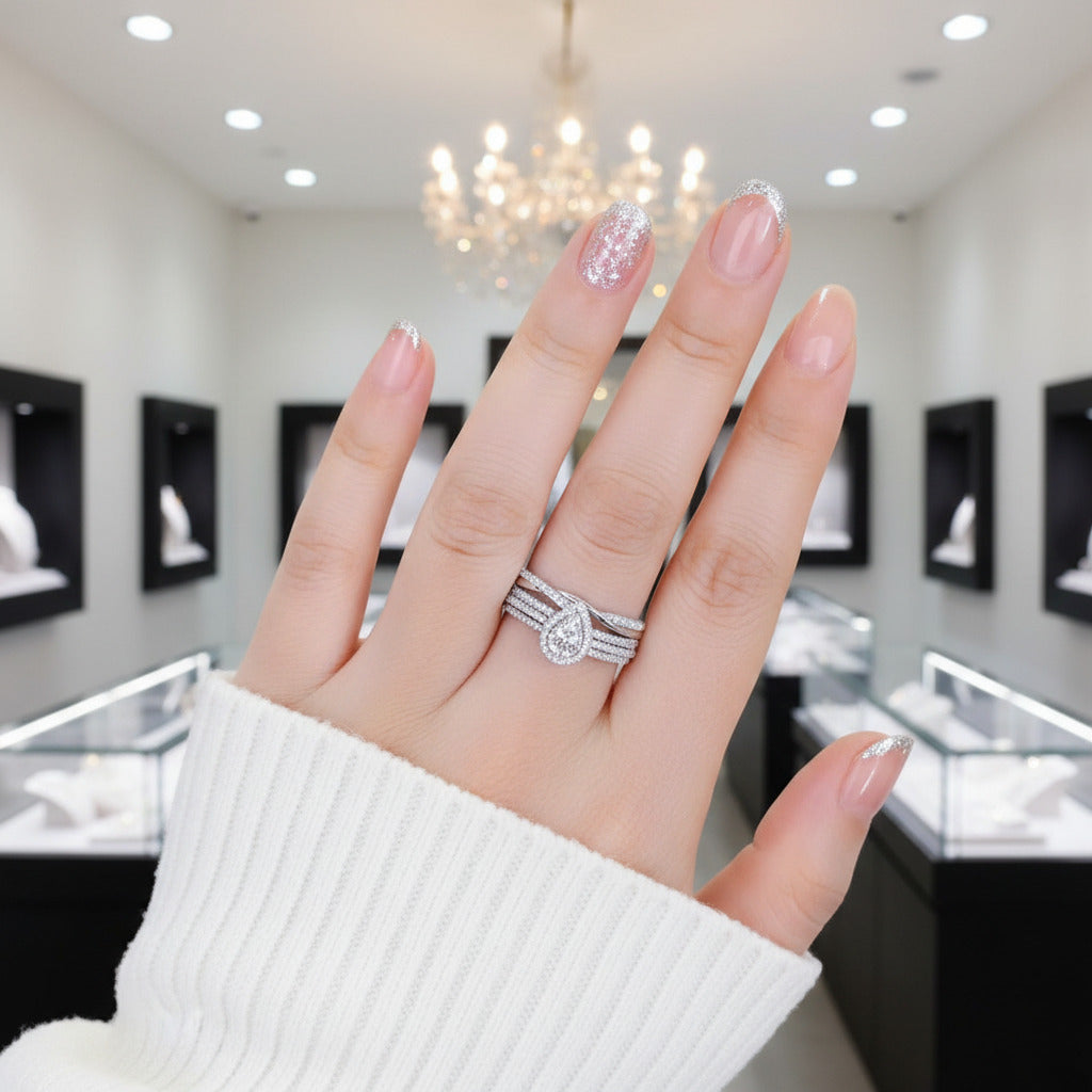 2Pcs Pear Cut Diamond Option Halo Ring Set-Black Diamonds New York
