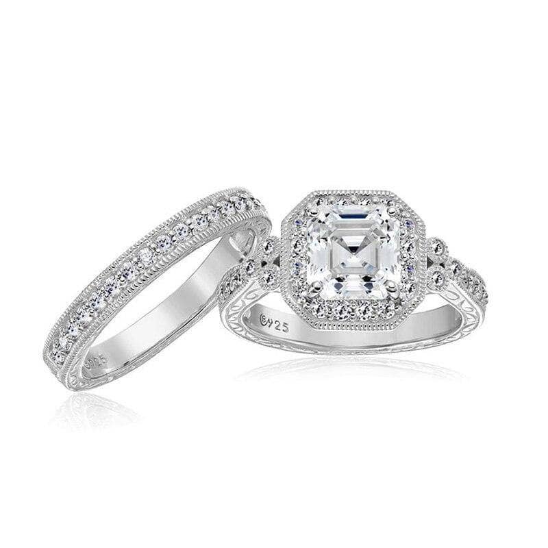 2Pcs Princess Cut Zircon Engagement Ring Set