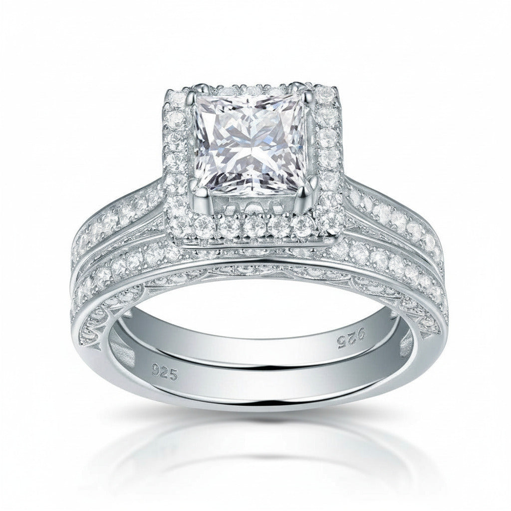 2Pcs Princess Cut Diamond Option Halo Engagement Ring-Black Diamonds New York