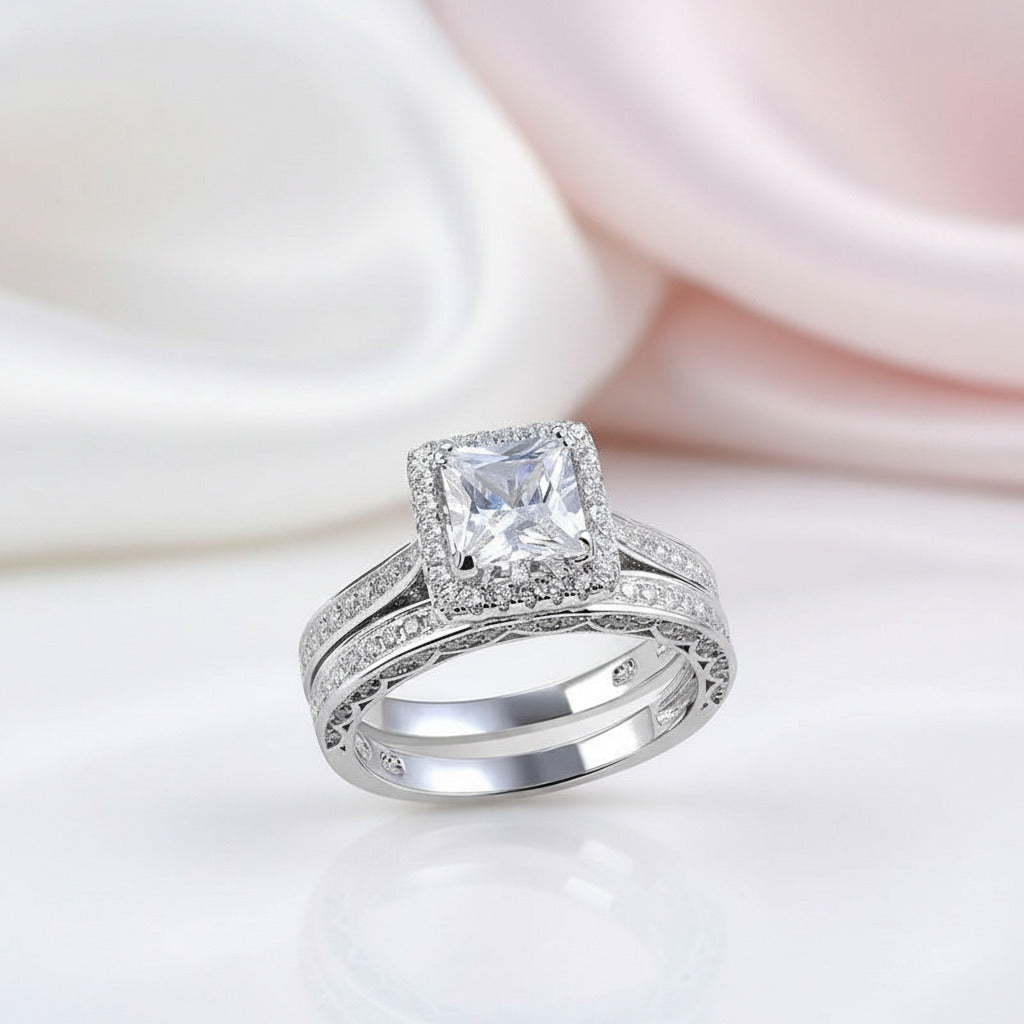 2Pcs Princess Cut Diamond Option Halo Engagement Ring-Black Diamonds New York