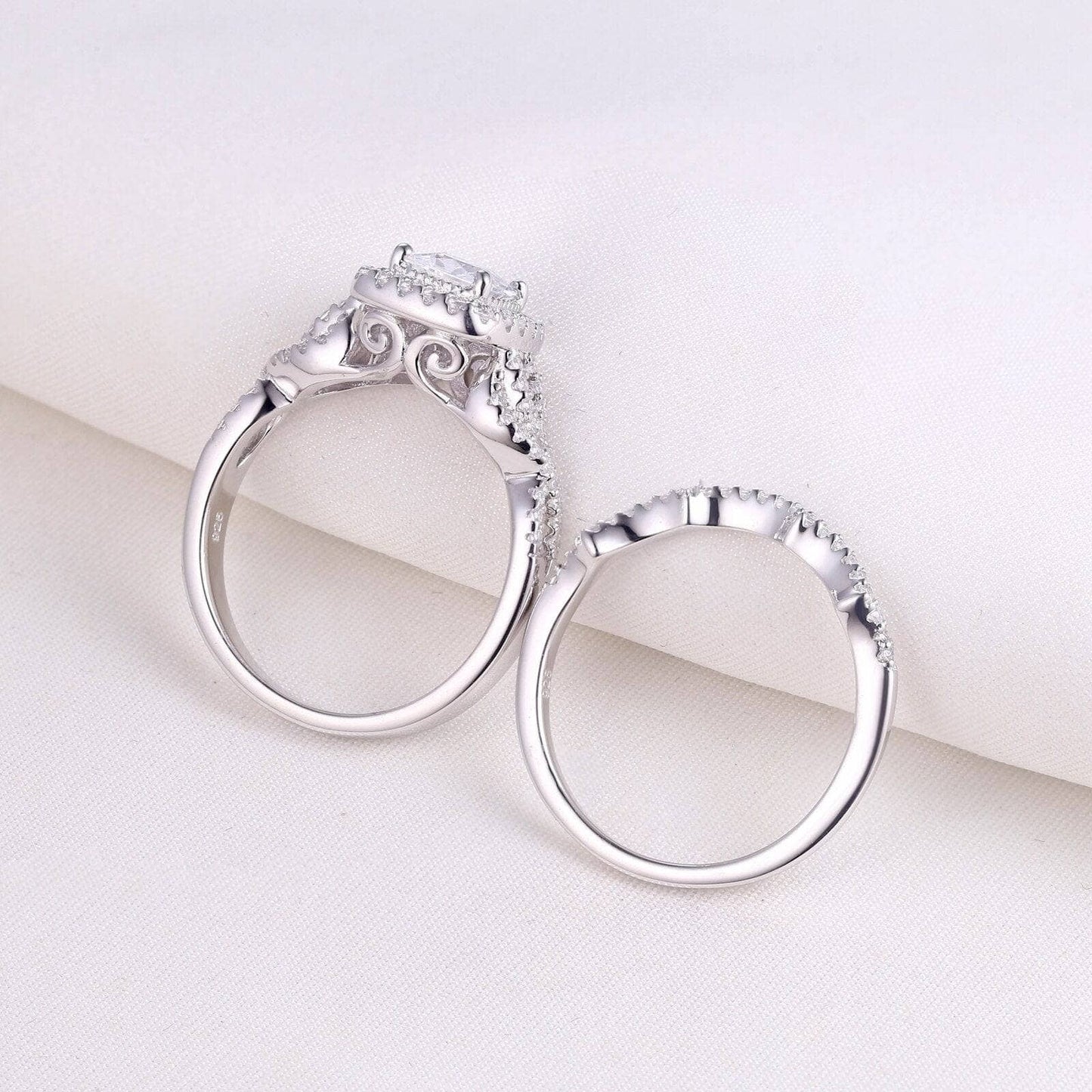 2Pcs 925 Sterling Silver Princess Cut White Cubic Zirconia Ring