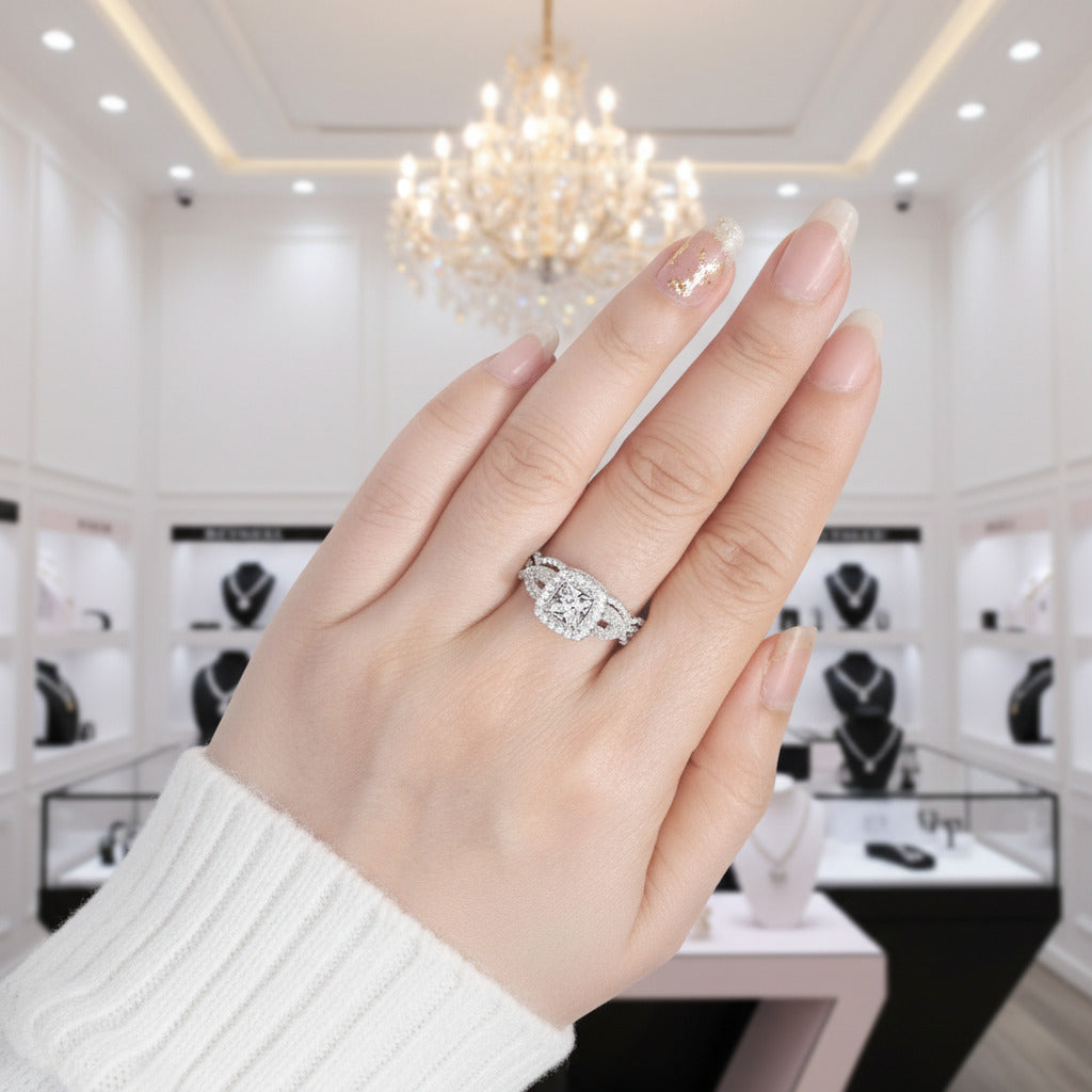 2Pcs Princess Cut Diamond Option Halo Ring Set-Black Diamonds New York