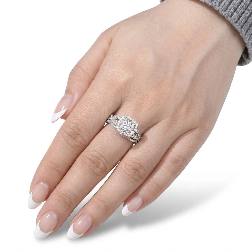 2Pcs Princess Cut Diamond Option Halo Ring Set-Black Diamonds New York