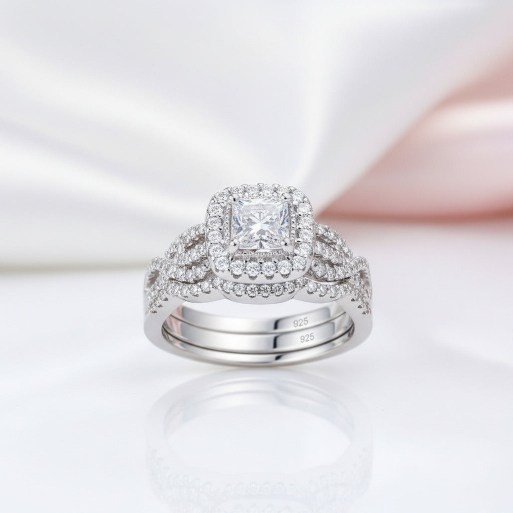 2Pcs Princess Cut Diamond Option Halo Ring Set-Black Diamonds New York