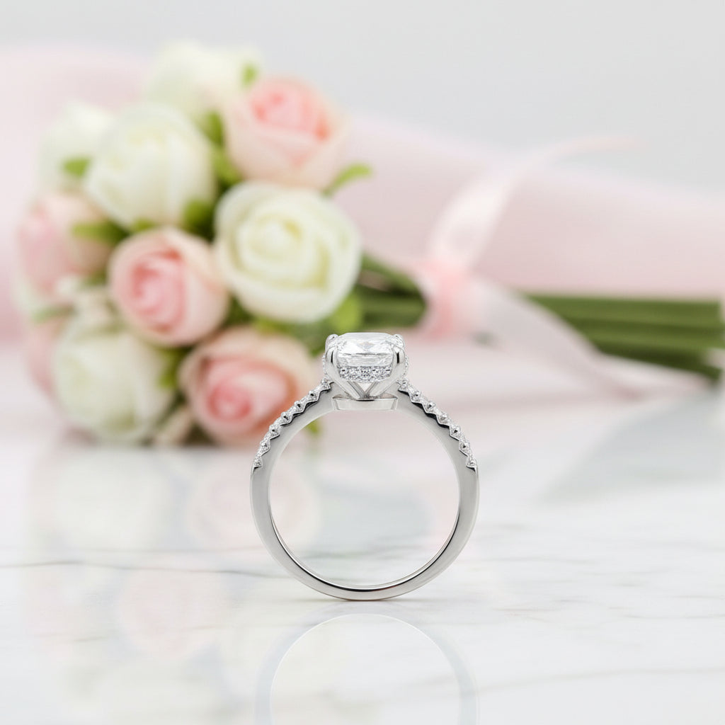 2Pcs Rectangle Cut Diamond Option with Hidden Halo Engagement Ring-Black Diamonds New York