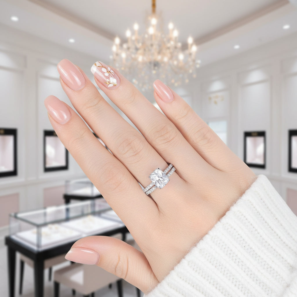 2Pcs Rectangle Cut Diamond Option with Hidden Halo Engagement Ring-Black Diamonds New York