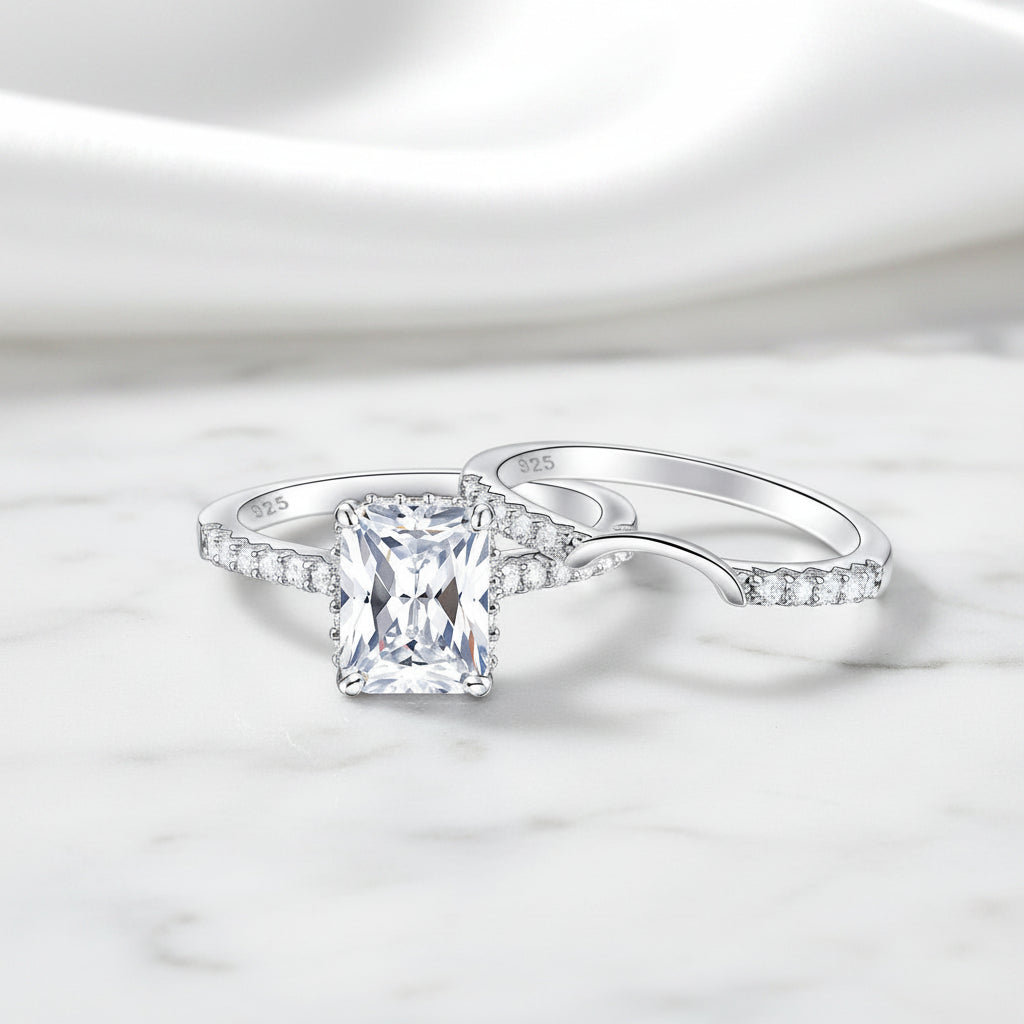 2Pcs Rectangle Cut Diamond Option with Hidden Halo Engagement Ring-Black Diamonds New York