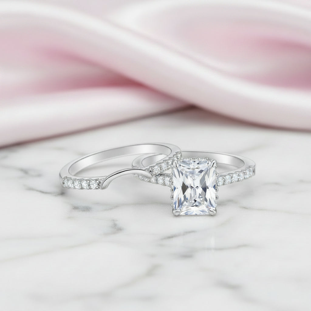 2Pcs Rectangle Cut Diamond Option with Hidden Halo Engagement Ring-Black Diamonds New York