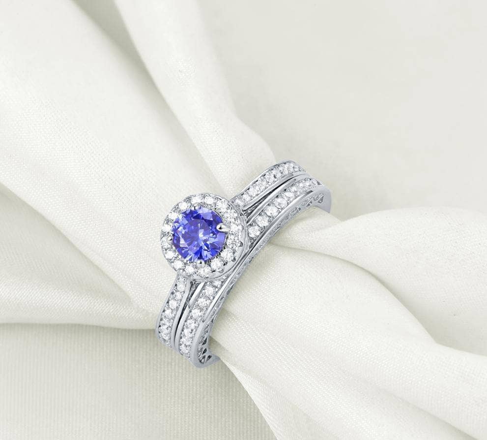 2Pcs Round Cut White & Blue Created Diamond Ring Set-Black Diamonds New York