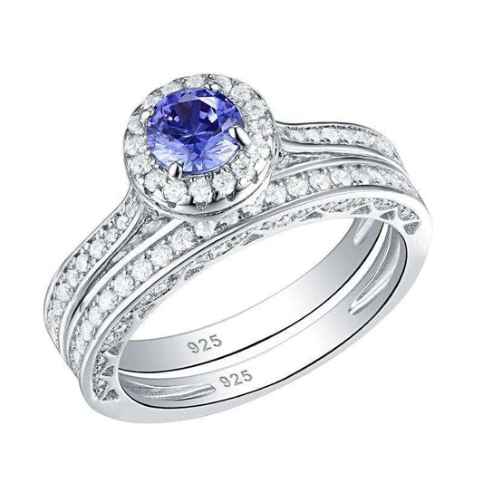 2Pcs Round Cut White & Blue EVN Stone Ring Set-Black Diamonds New York