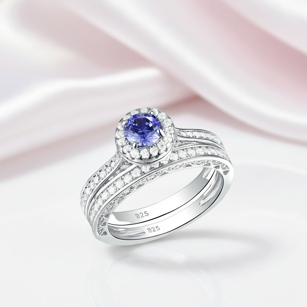 2Pcs Round Cut White & Blue Diamond Option Halo Ring Set-Black Diamonds New York