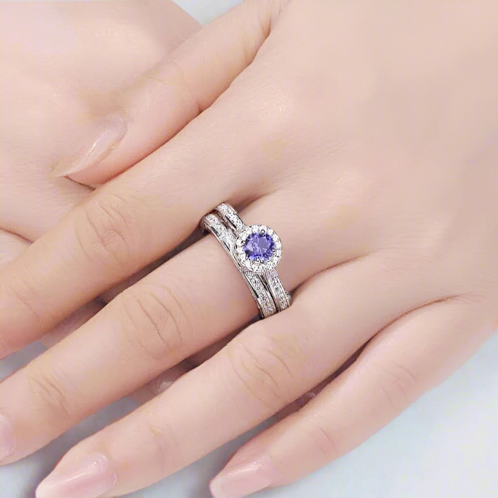 2Pcs Round Cut White & Blue Diamond Halo Ring Set-Black Diamonds New York