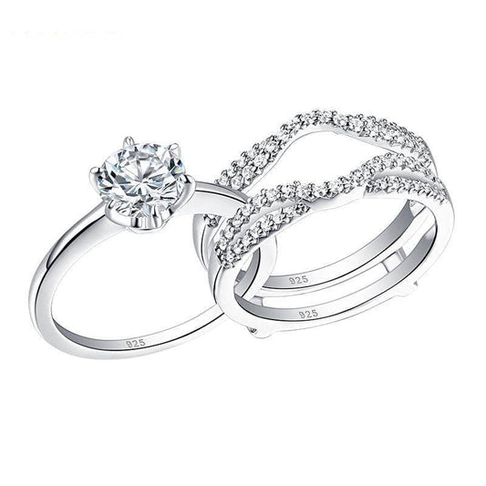 2Pcs 925 Sterling Silver Round AAA Zircon Ring Set