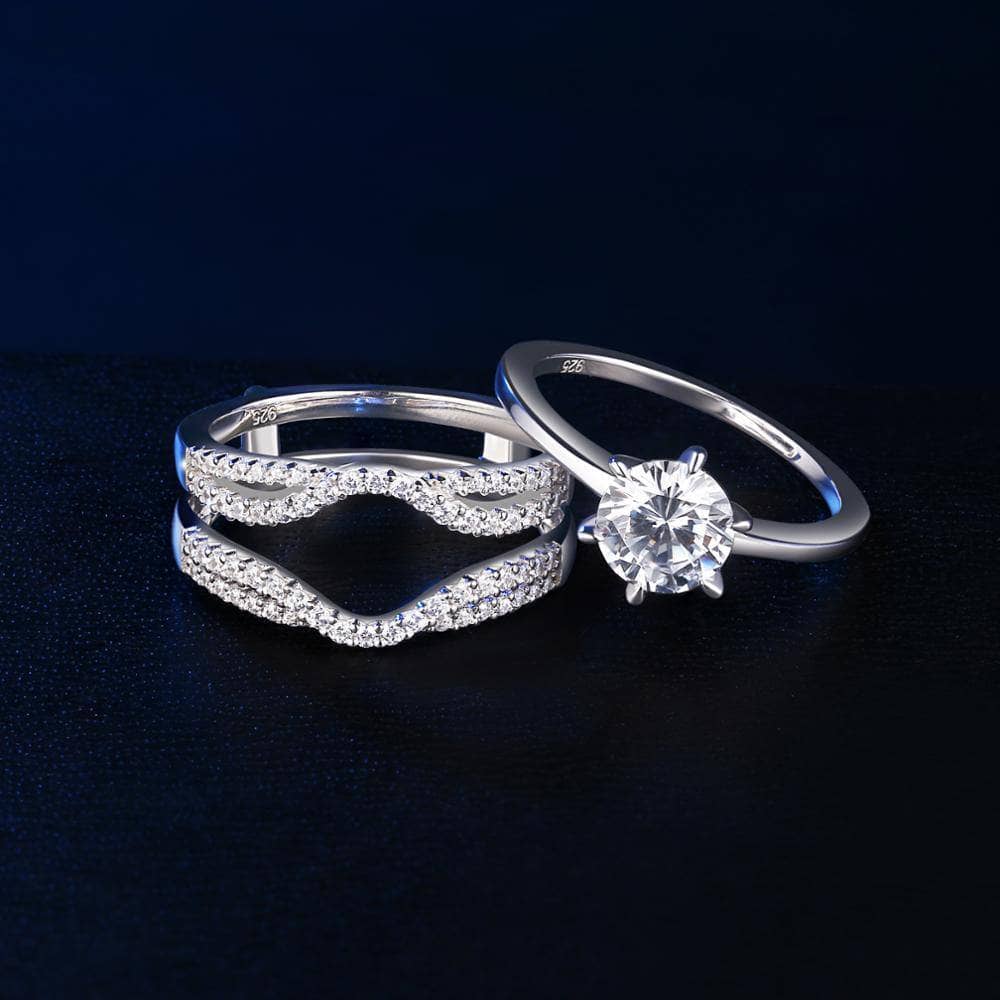 2Pcs 925 Sterling Silver Round AAA Zircon Ring Set