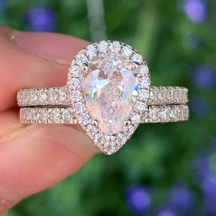 2pcs Tear Drop Shaped Created Diamond Engagement Ring Set-Black Diamonds New York