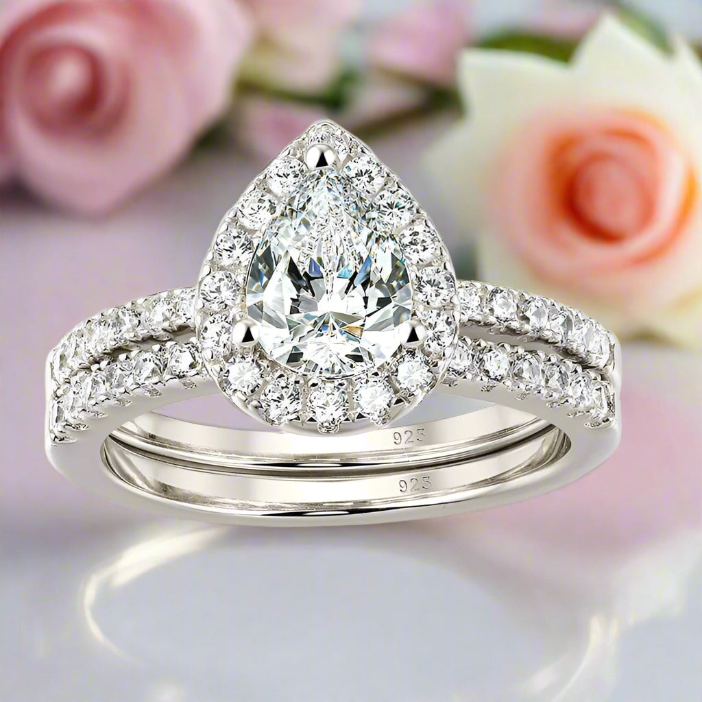 2pcs Tear Drop Shaped Diamond Engagement Ring Set-Black Diamonds New York