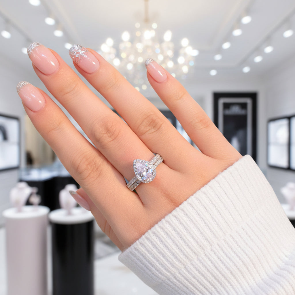 2pcs Tear Drop Shaped Diamond Engagement Ring Set-Black Diamonds New York