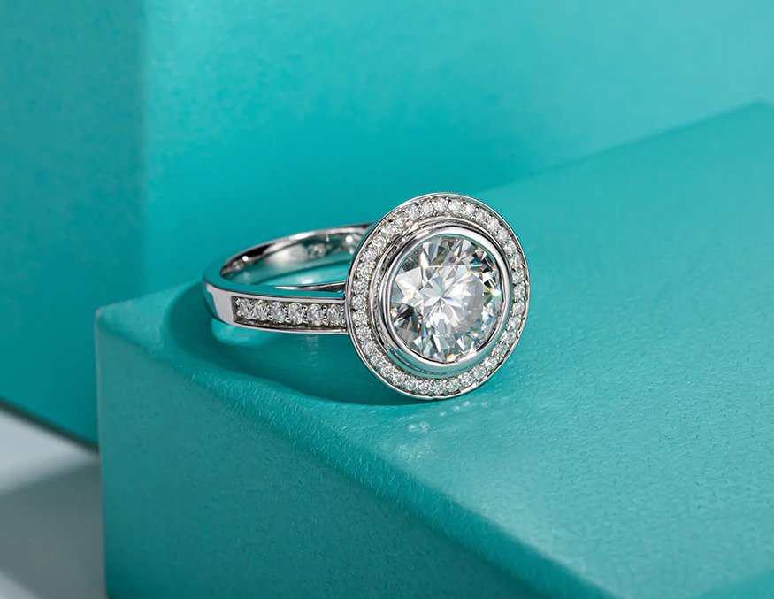 3 ct Round Cut Moissanite Halo White Gold Engagement Ring-Black Diamonds New York