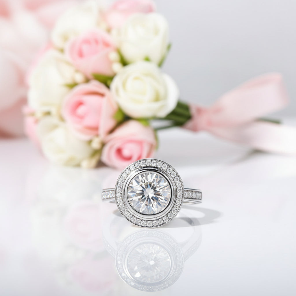 3.0 Ct Round Cut Diamond Option Halo White Gold Engagement Ring-Black Diamonds New York