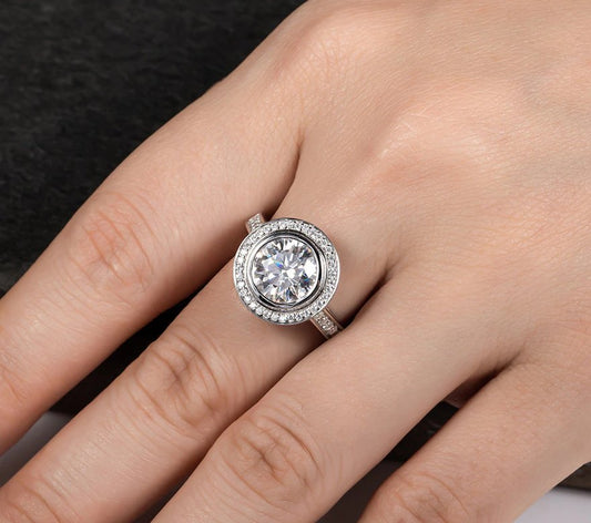3 ct Round Cut Diamond Halo White Gold Engagement Ring-Black Diamonds New York