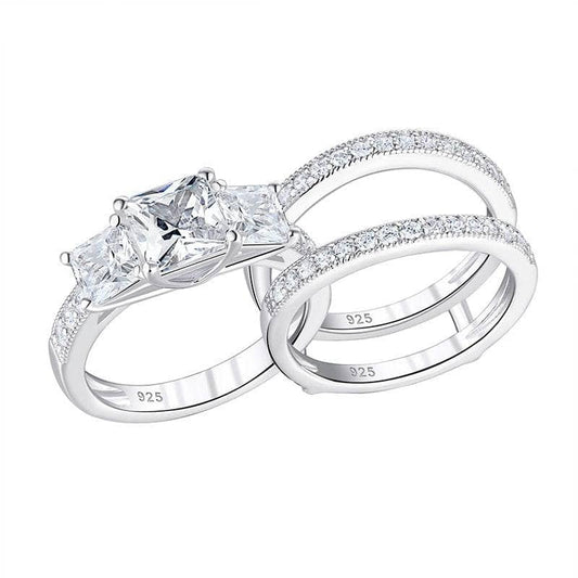 3 Stone Princess Cut Created Diamond Wedding Ring Set-Black Diamonds New York
