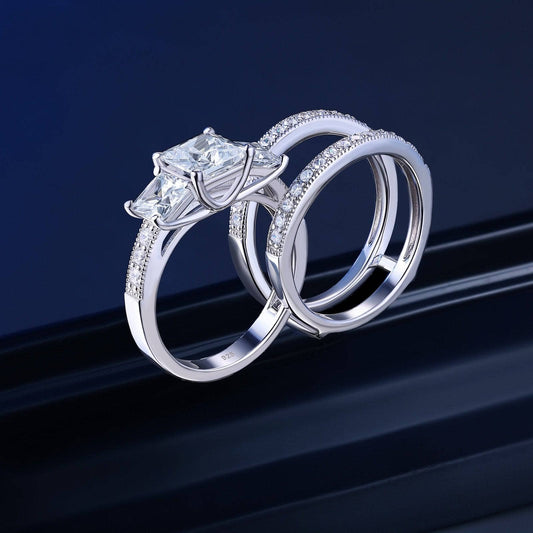 3 Stone Princess Cut Created Diamond Wedding Ring Set-Black Diamonds New York