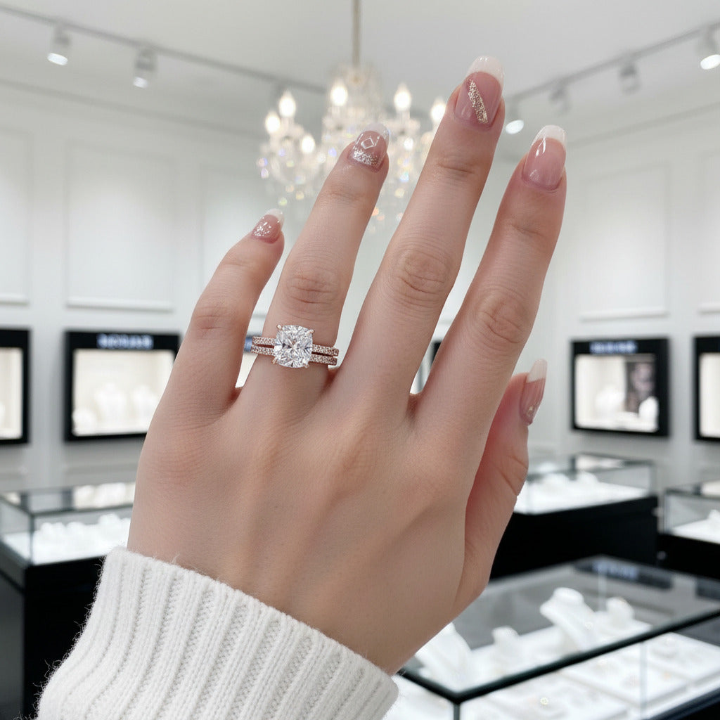 3.0ct Cushion Cut Rose Gold Clear Sapphire Wedding Ring Set-Black Diamonds New York