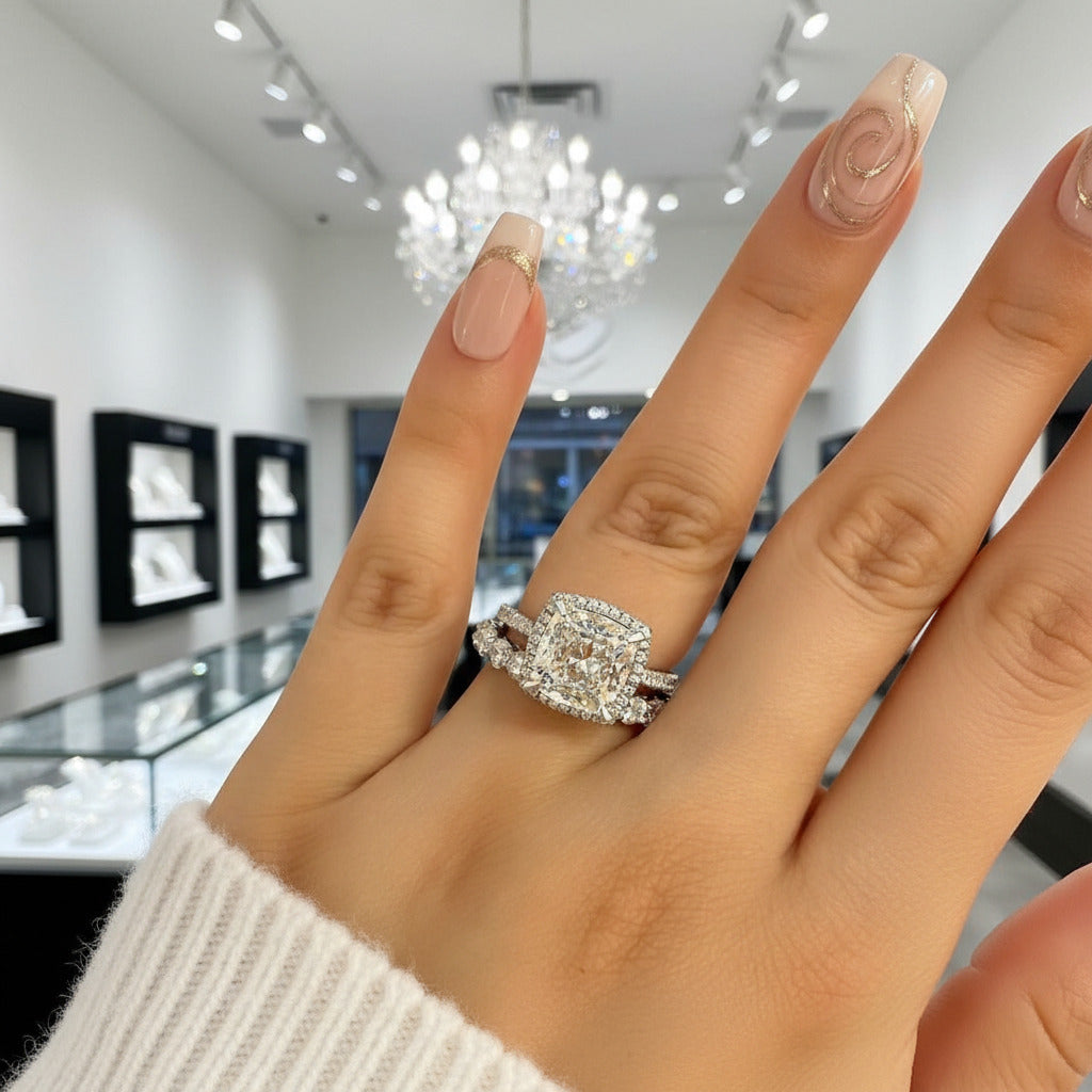 3.2 Carat Cushion Cut Halo Wedding Set-Black Diamonds New York