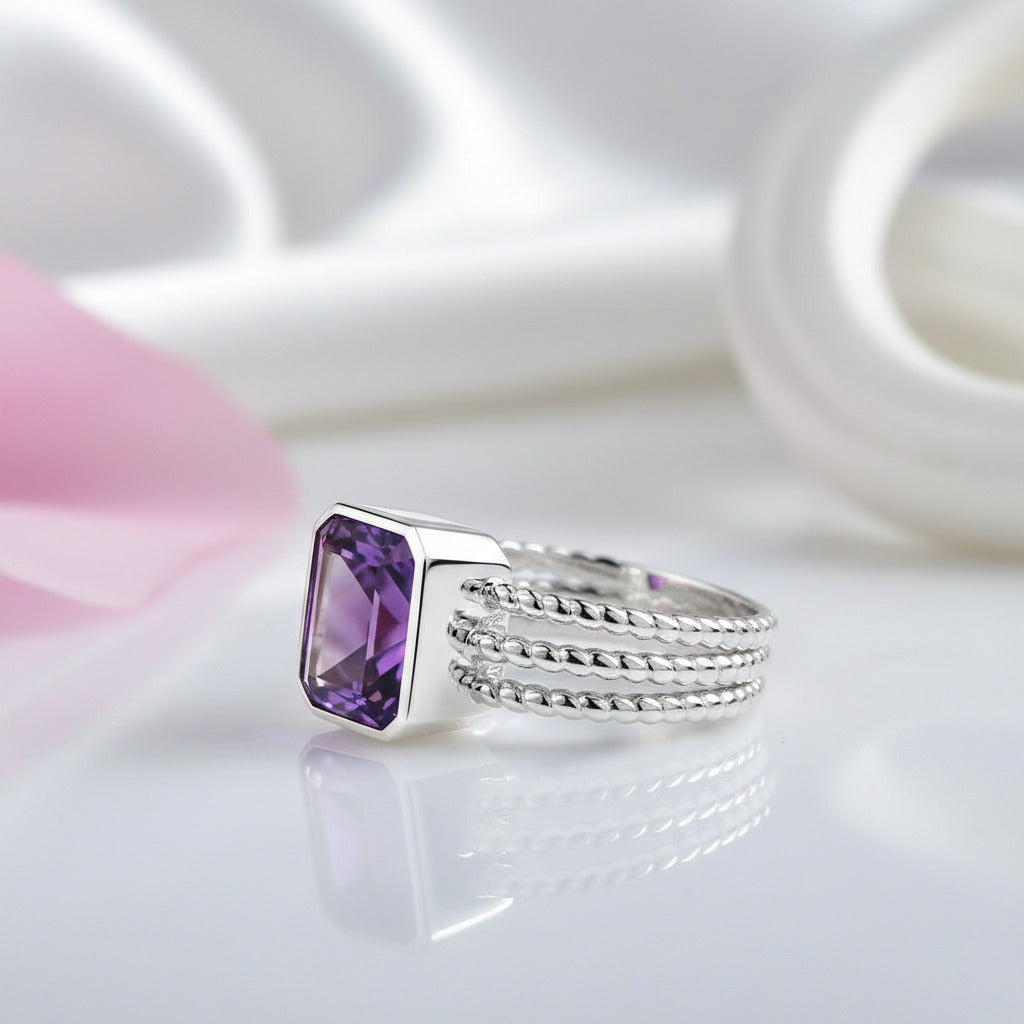 3.36Ct Amethyst Rope Band Engagement Ring-Black Diamonds New York