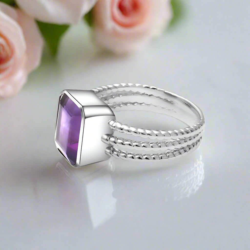 3.36Ct Amethyst Rope Band Engagement Ring-Black Diamonds New York