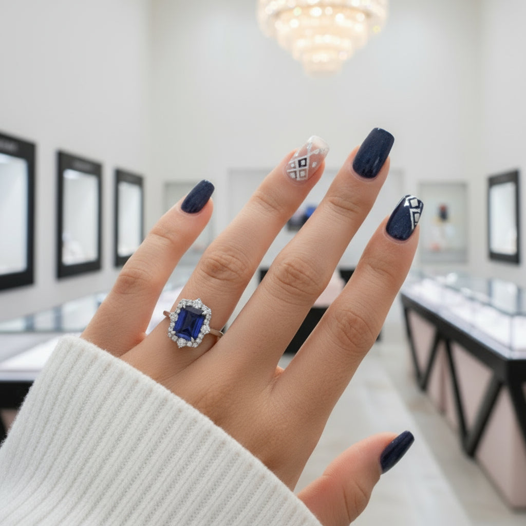 3.0 Carat Halo Emerald Cut Blue Simulated Sapphire Engagement Ring-Black Diamonds New York