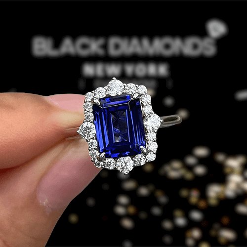 3.0 Carat Halo Emerald Cut Blue Simulated Sapphire Engagement Ring - Black Diamonds New York