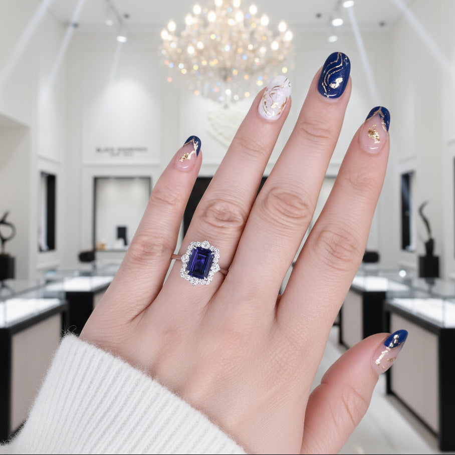 3.0 Carat Halo Emerald Cut Blue Simulated Sapphire Engagement Ring-Black Diamonds New York