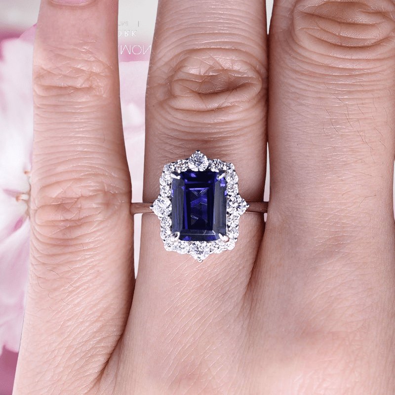 3.0 Carat Halo Emerald Cut Blue Simulated Sapphire Engagement Ring-Black Diamonds New York