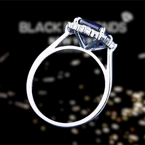 3.0 Carat Halo Emerald Cut Blue Simulated Sapphire Engagement Ring - Black Diamonds New York
