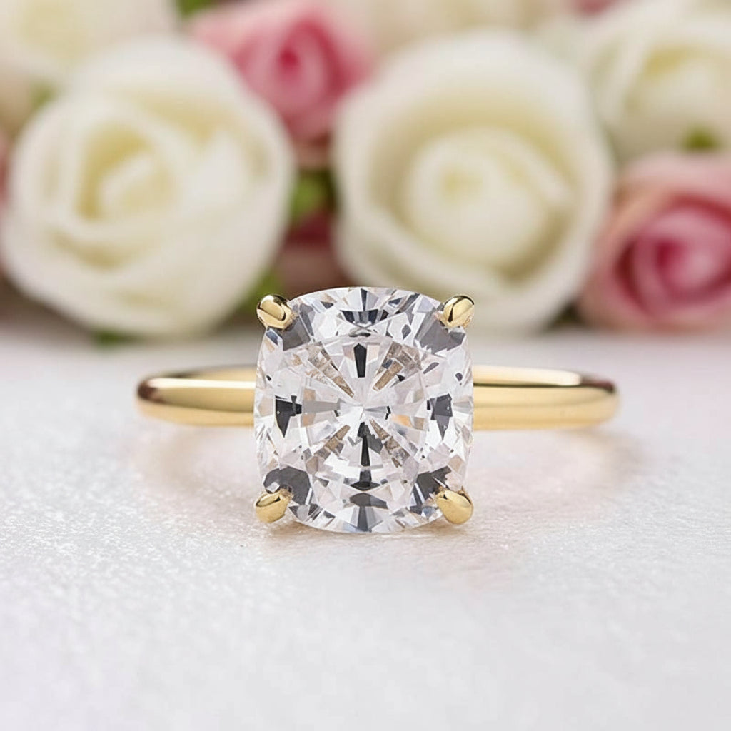 3.0ct 4 Prong Classic Yellow Gold Cushion Cut Bridal Ring-Black Diamonds New York