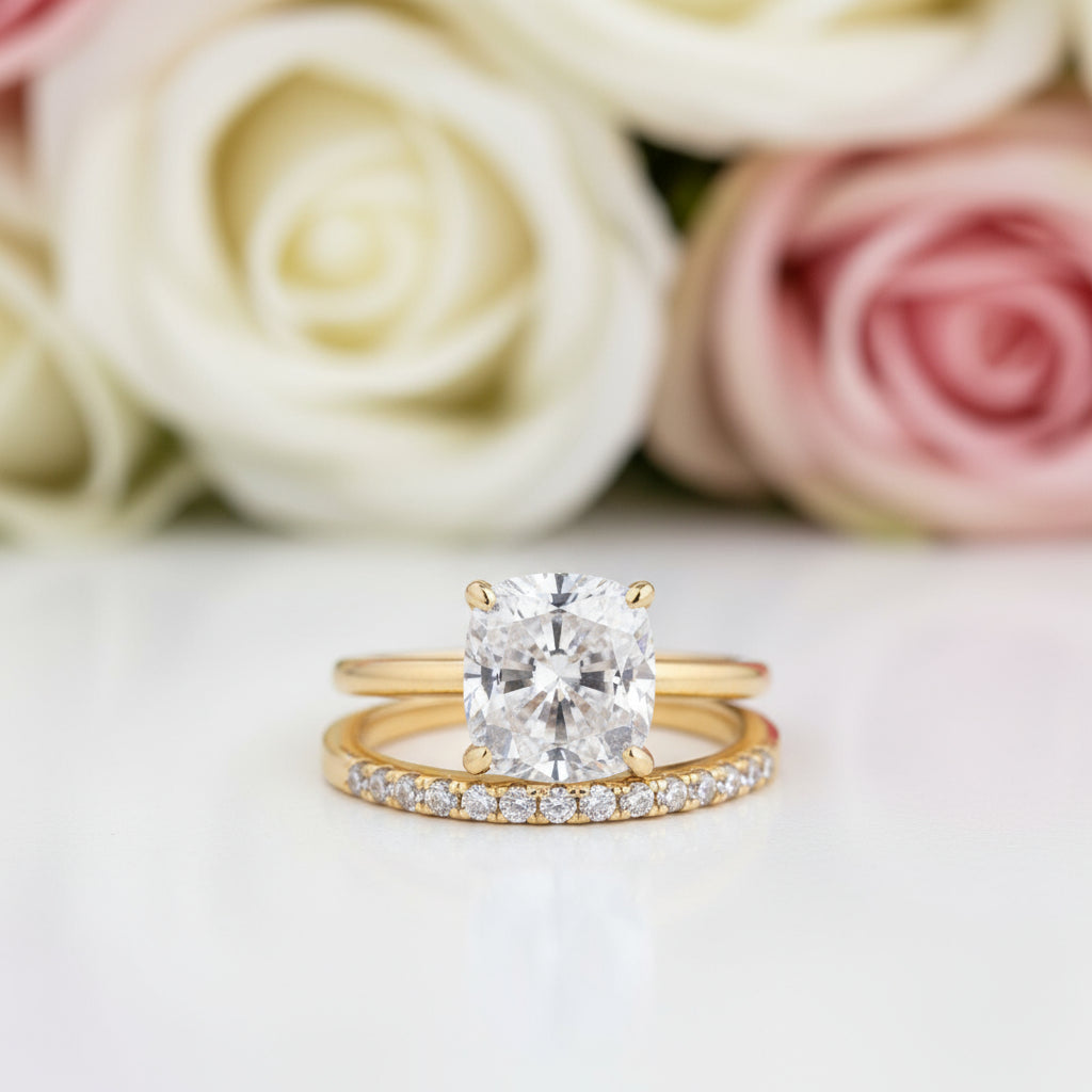 3.0ct 4 Prong Classic Yellow Gold Cushion Cut Bridal Ring-Black Diamonds New York