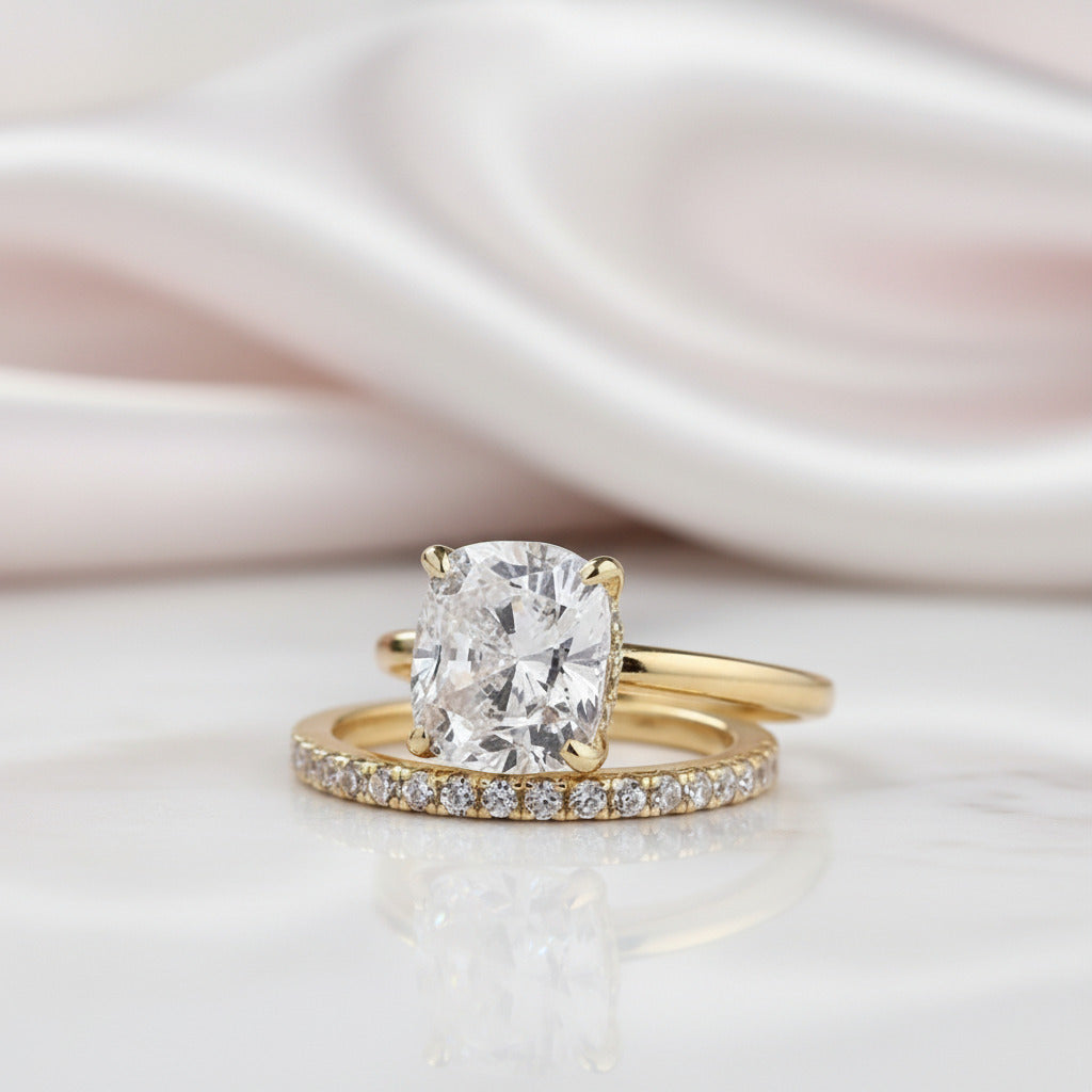 3.0ct 4 Prong Classic Yellow Gold Cushion Cut Bridal Ring-Black Diamonds New York