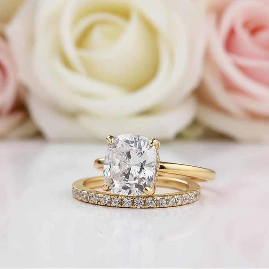 3.0ct 4 Prong Classic Yellow Gold Cushion Cut Bridal Ring-Black Diamonds New York